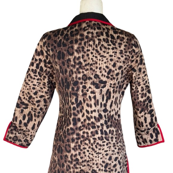 PATTY KIM Leopard Print Quilted Open Front Red Trimmed Jacket Coat - XS - Picture 6 of 9